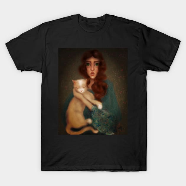 Vintage photo turned into lowbrow manga style digital art of young witchy aesthetic woman holding ginger cat T-Shirt by penandbea